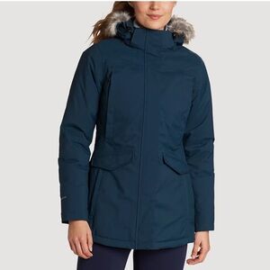 Eddie Bauer Co Jacket Womens Large Blue Silver Lining Down Parka 550 Fill Hooded